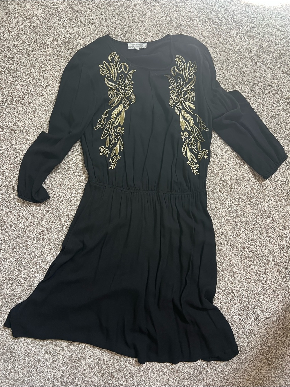 Cost Plus World Market Black Dress with Gold Floral Embroideries
